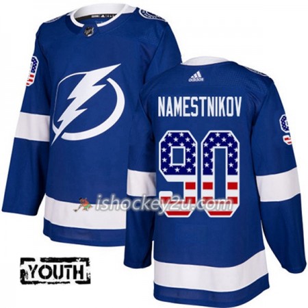 Børn NHL Tampa Bay Lightning Trøje Vladislav Namestnikov 90 Adidas 2017-2018 Blå USA Flag Fashion Authentic